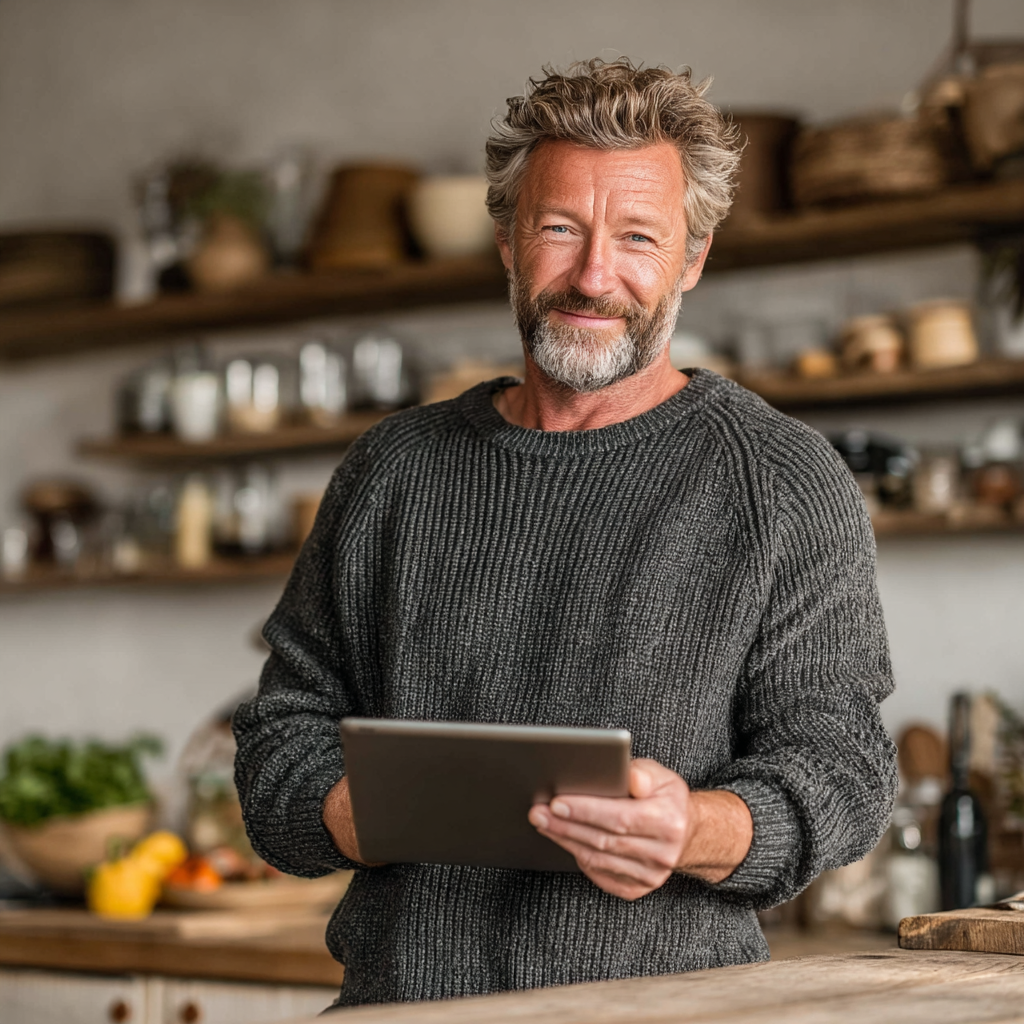 A confident middle-aged man around 50 years old holding a tablet in a bright kitchen, reviewing meal planning information with a satisfied expression