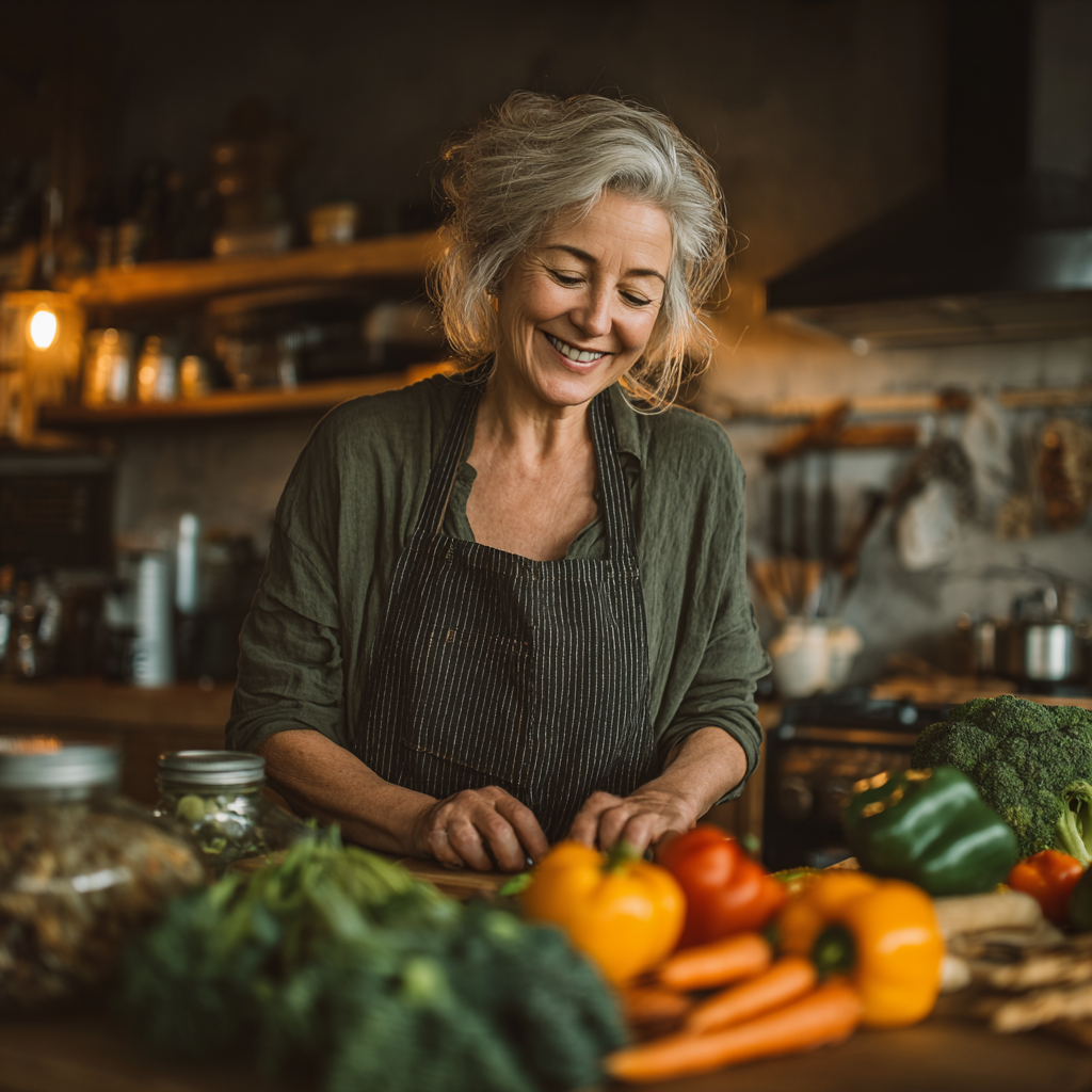 A mature woman in her 40s preparing healthy vegetables in a modern kitchen, smiling while organizing colorful fresh produce